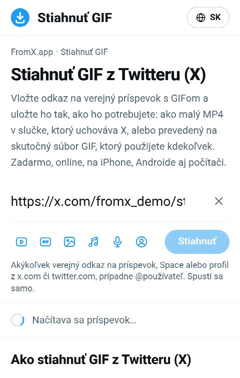 Odkaz na príspevok vložený do poľa na FromX.app počas vyhľadávania GIFu