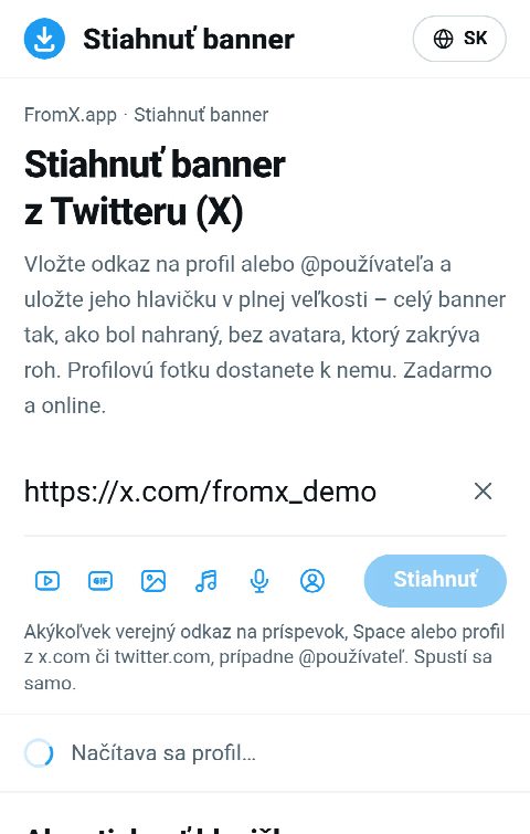 Odkaz na profil vložený do poľa na FromX.app počas vyhľadávania profilu