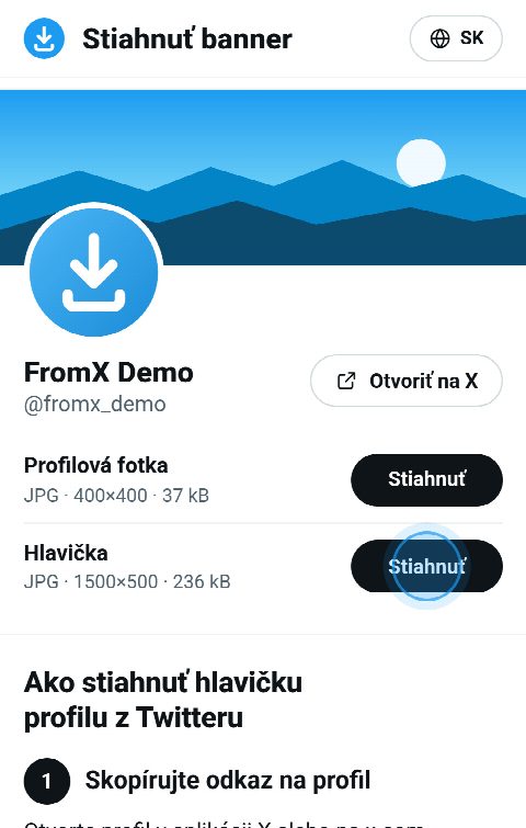 Karta profilu na FromX.app s hlavičkou hore a tlačidlom „Stiahnuť“ pre ňu