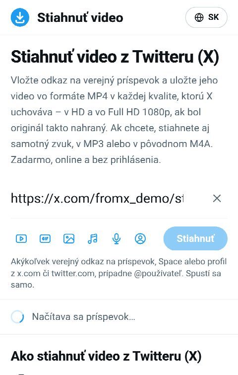 Odkaz na príspevok vložený do poľa na FromX.app počas vyhľadávania videa