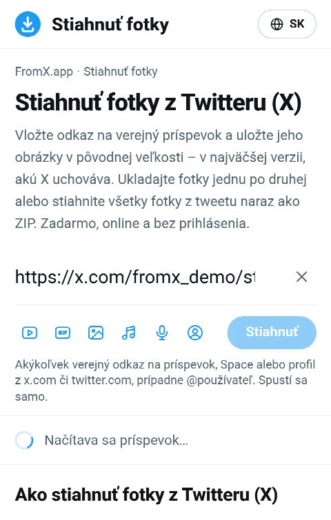 Odkaz na príspevok vložený do poľa na FromX.app počas vyhľadávania fotiek