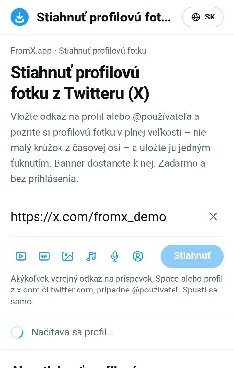 Odkaz na profil vložený do poľa na FromX.app počas vyhľadávania profilu