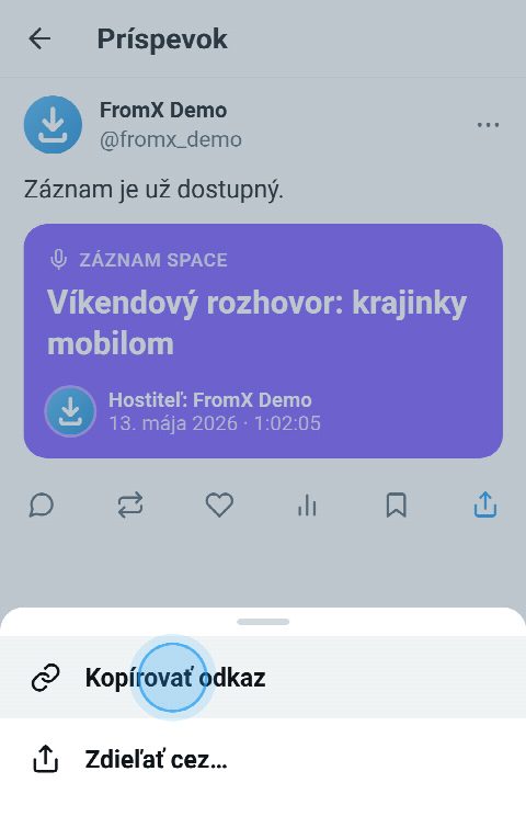 Zaznamenaný Space na X s otvorenou ponukou zdieľania a vybranou možnosťou „Kopírovať odkaz“