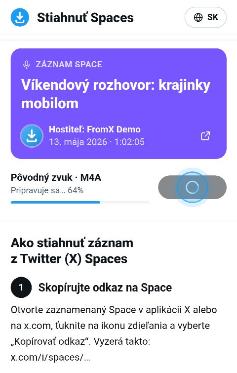 Karta Space na FromX.app počas skladania záznamu, lišta na 64 %