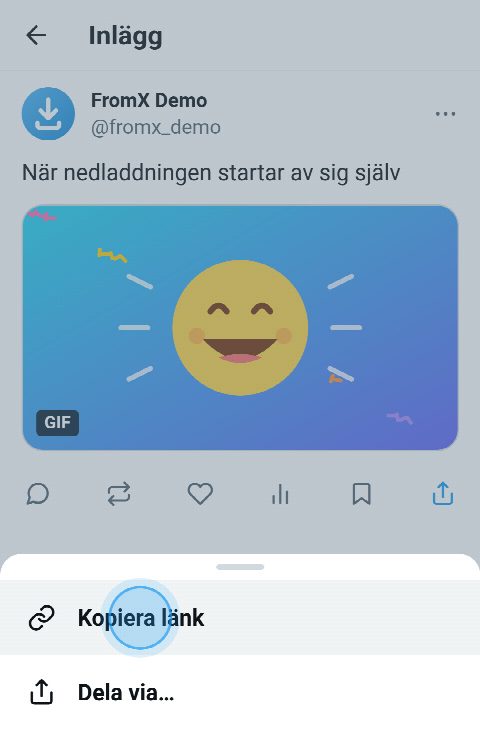 Ett inlägg med en GIF på X, med delningsmenyn öppen och ”Kopiera länk” vald