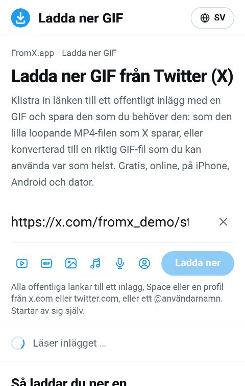 Länken till inlägget inklistrad i fältet på FromX.app medan GIF:en hämtas