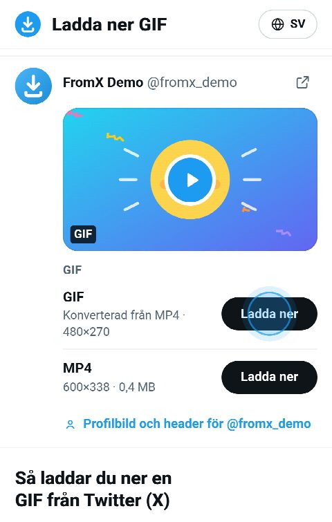 GIF-kortet på FromX.app med knappar för den animerade GIF:en och MP4-filen