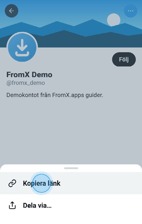 En profil på X med menyn öppen och ”Kopiera länk” vald