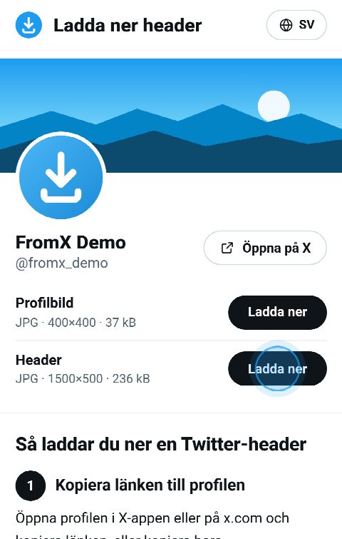 Profilkortet på FromX.app med headern överst och en knapp ”Ladda ner” för den