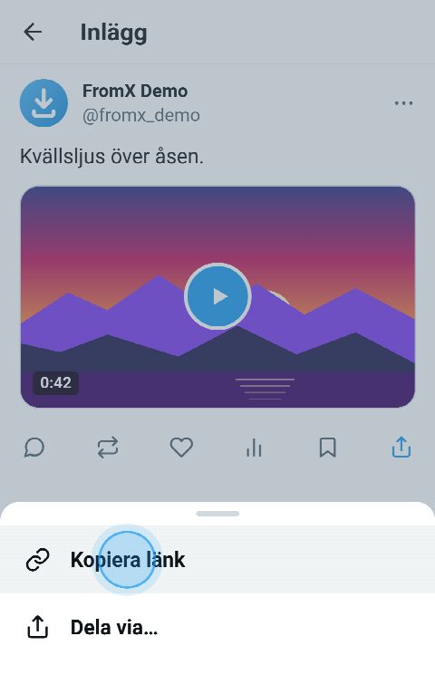 Ett inlägg med en video på X, med delningsmenyn öppen och ”Kopiera länk” vald