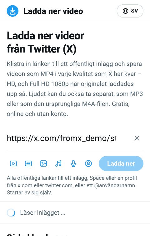 Länken till inlägget inklistrad i fältet på FromX.app medan videon hämtas