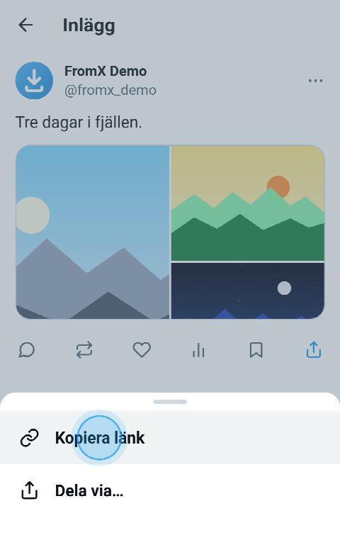 Ett inlägg med tre foton på X, med delningsmenyn öppen och ”Kopiera länk” vald