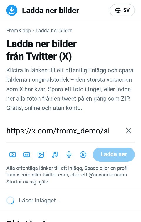 Länken till inlägget inklistrad i fältet på FromX.app medan fotona hämtas