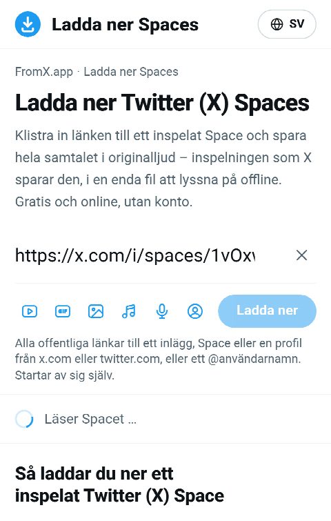 Länken till Space inklistrad i fältet på FromX.app medan inspelningen hämtas
