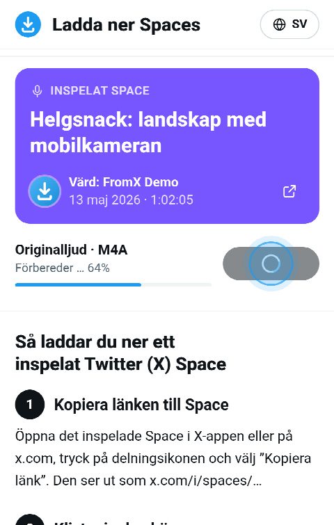 Space-kortet på FromX.app medan inspelningen sätts ihop, med stapeln på 64 %