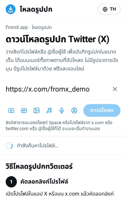 ลิงก์โปรไฟล์ถูกวางในช่องของ FromX.app ระหว่างค้นหาโปรไฟล์