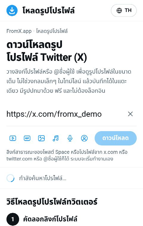 ลิงก์โปรไฟล์ถูกวางในช่องของ FromX.app ระหว่างค้นหาโปรไฟล์