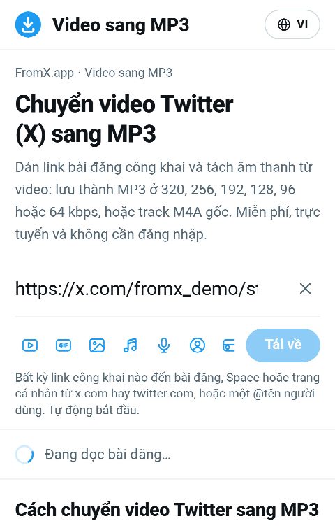 Link bài đăng được dán vào ô trên FromX.app trong lúc tìm âm thanh