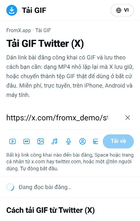 Link bài đăng được dán vào ô trên FromX.app trong lúc tìm GIF