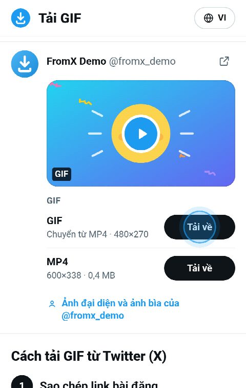 Thẻ GIF trên FromX.app với các nút cho GIF động và MP4