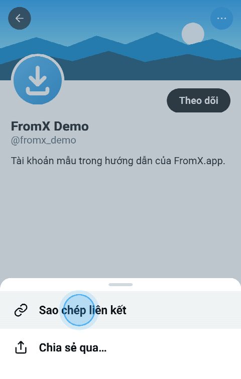 Một trang cá nhân trên X với menu đang mở và “Sao chép liên kết” được chọn