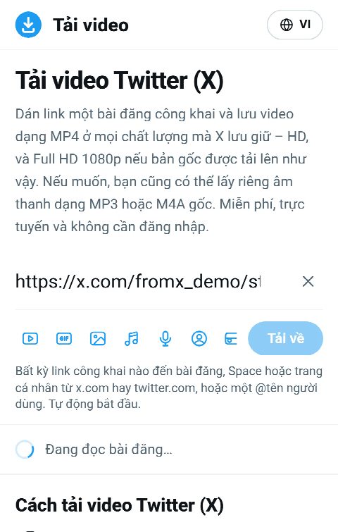 Link bài đăng được dán vào ô trên FromX.app trong lúc tìm video