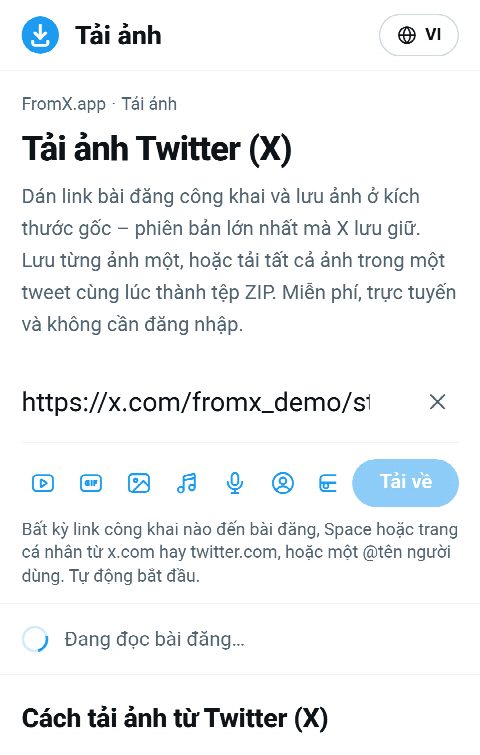 Link bài đăng được dán vào ô trên FromX.app trong lúc tìm ảnh