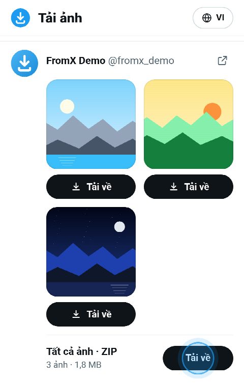Ba ảnh trên FromX.app, mỗi ảnh có nút “Tải về”, và một tệp ZIP chứa tất cả