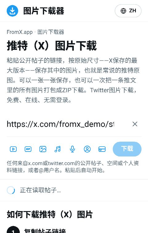 帖子链接已粘贴到FromX.app的输入框，正在查找图片